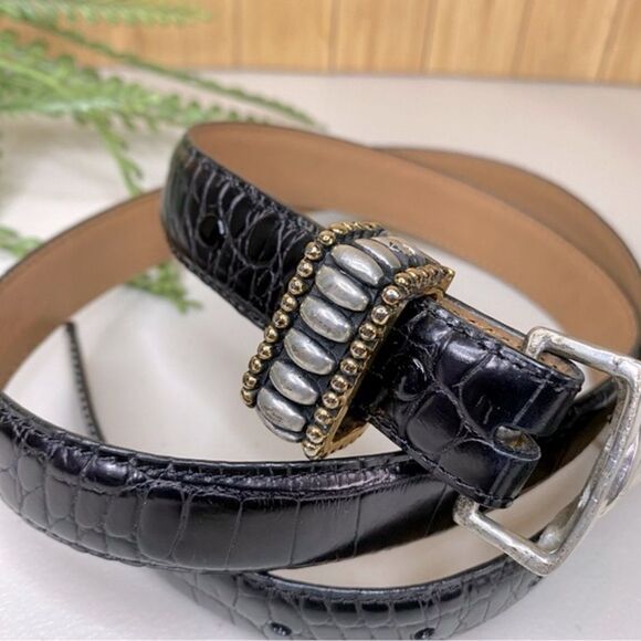 Vintage Vicenza 1472 Black Genuine Italian Leather Tooled Buckle Belt Size 35